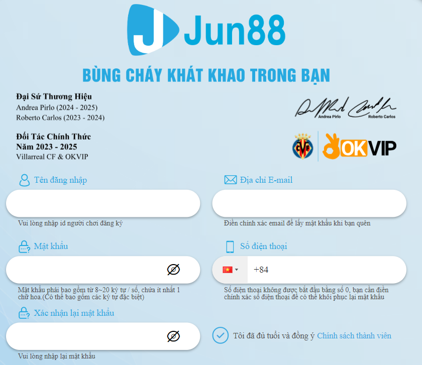 Cung cấp thông tin theo bảng mẫu đăng ký Jun88